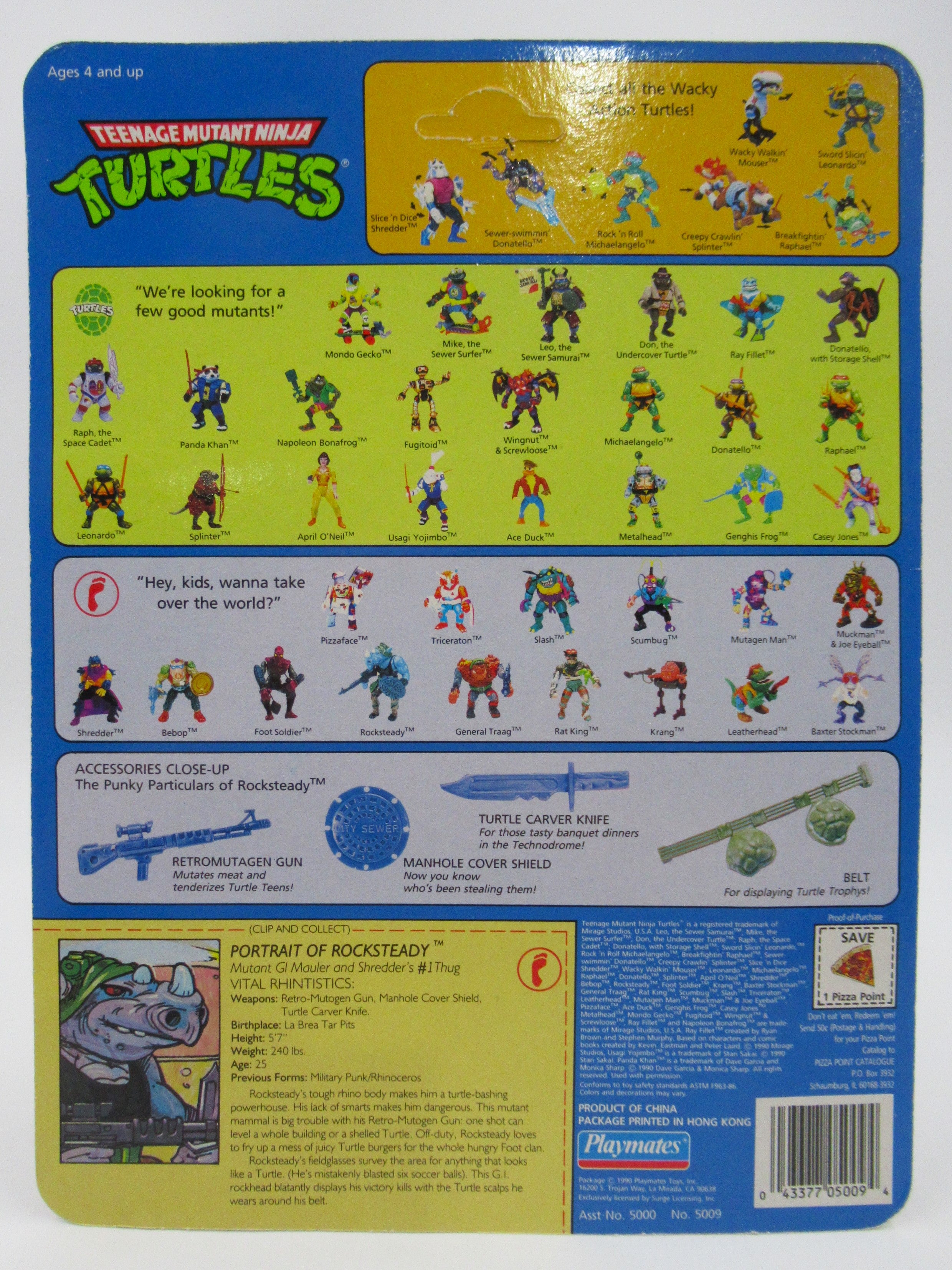 Teenage Mutant Ninja Turtles Rocksteady 4.5" Figure TMNTs - Playmates (1990)